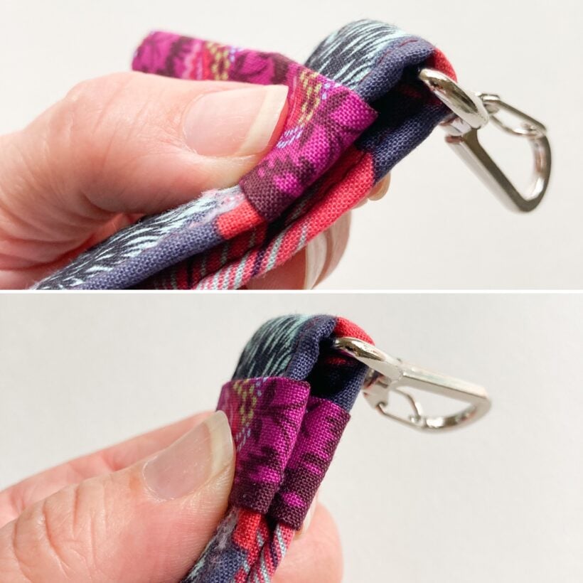 wrap fabric strip around the key fob tucking in raw ends