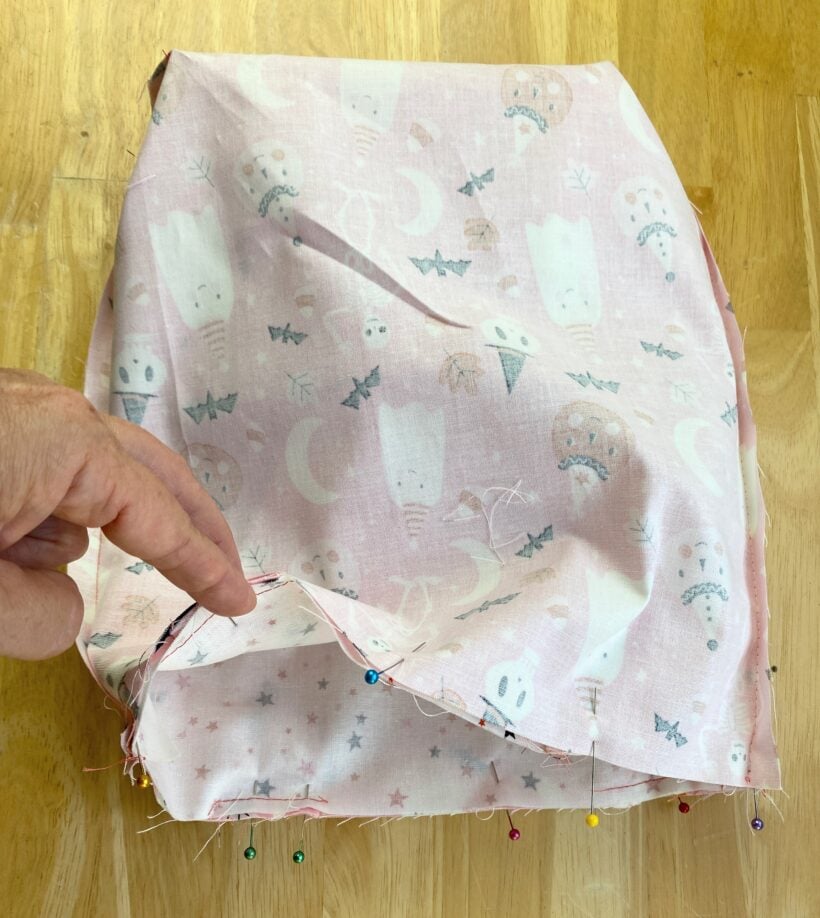 Pin the layers together around the opening - DIY trick or treat bag